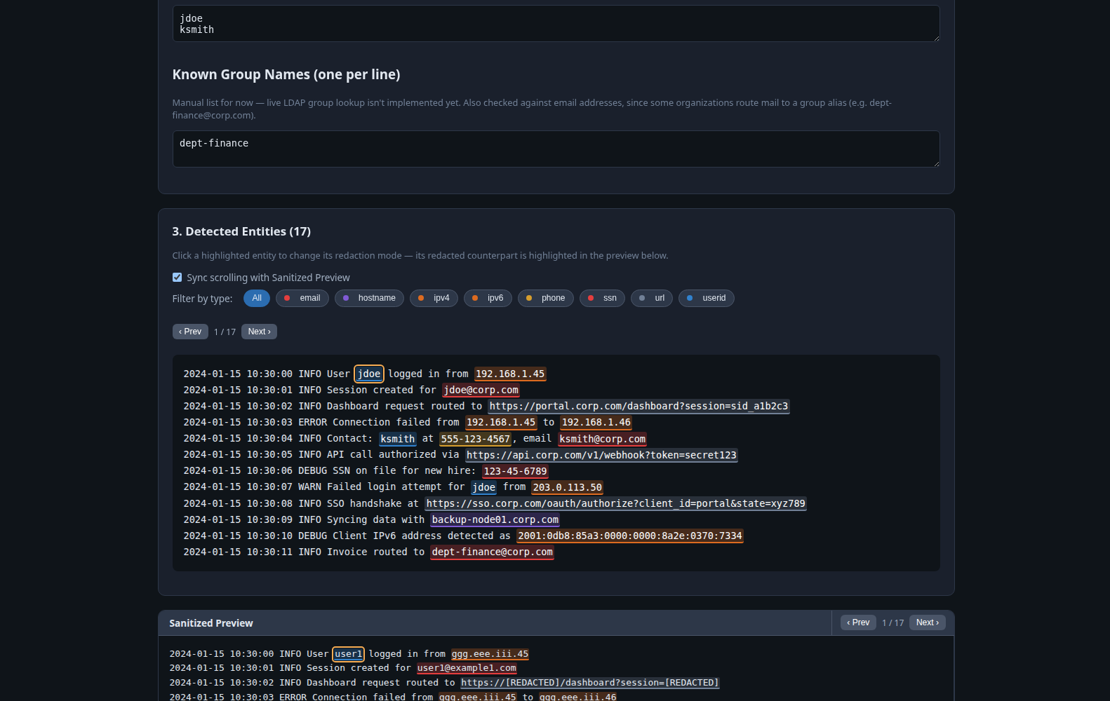 Redactifire's Detected Entities view (raw log text, each PII type highlighted in its own color) directly above the Sanitized Preview (the same text with values masked).