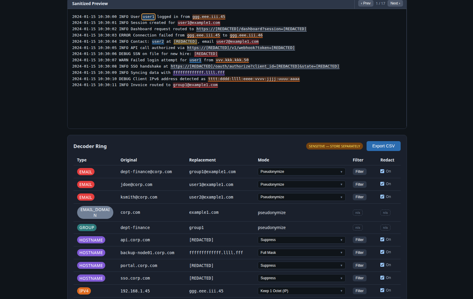 Redactifire's Decoder Ring, an auditable table mapping every original value to its redacted replacement, with per-type color coding and per-value mode controls.